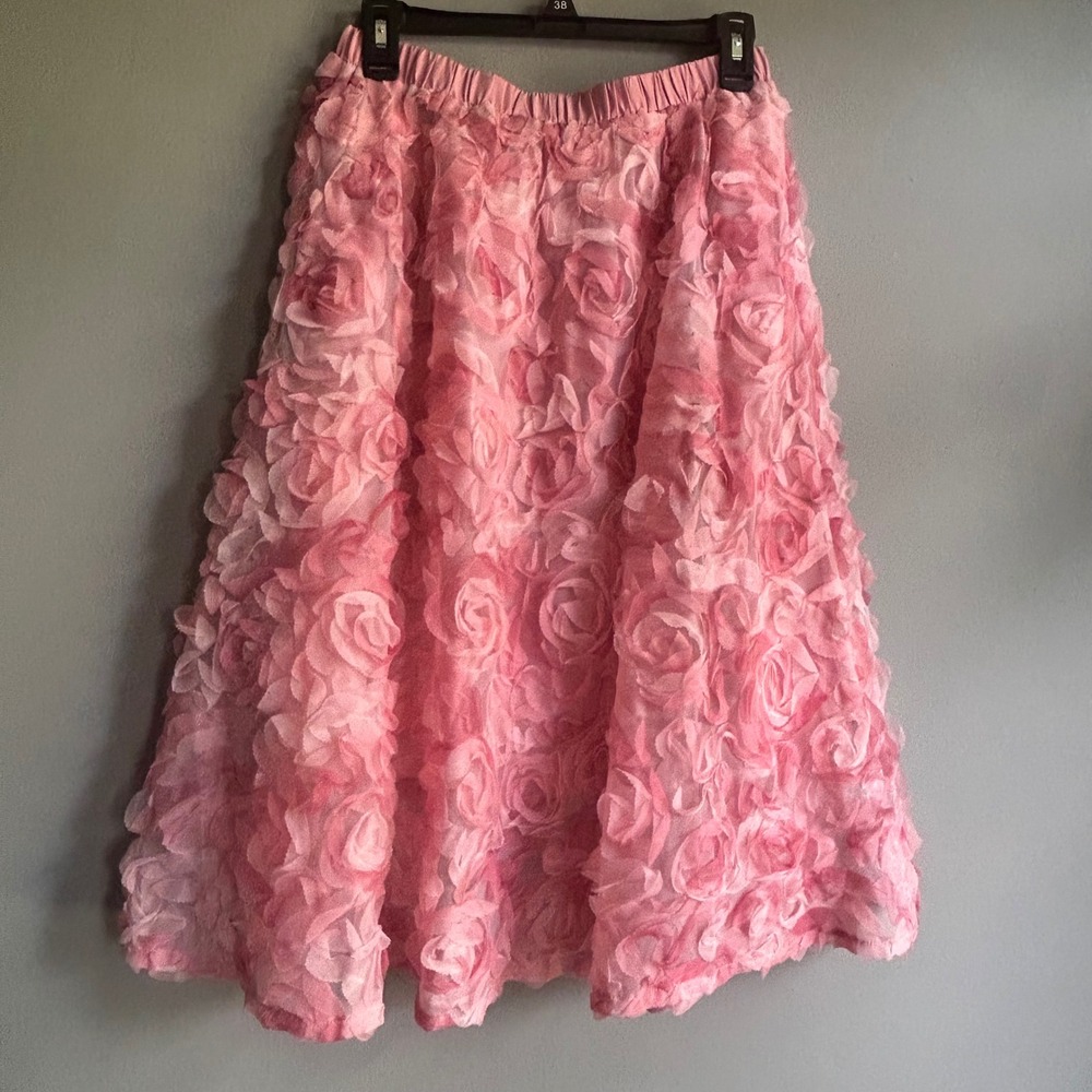 Chicwish Pink Floral Rosette Mesh Midi Skirt Womens Medium Elastic Waist A-Line
